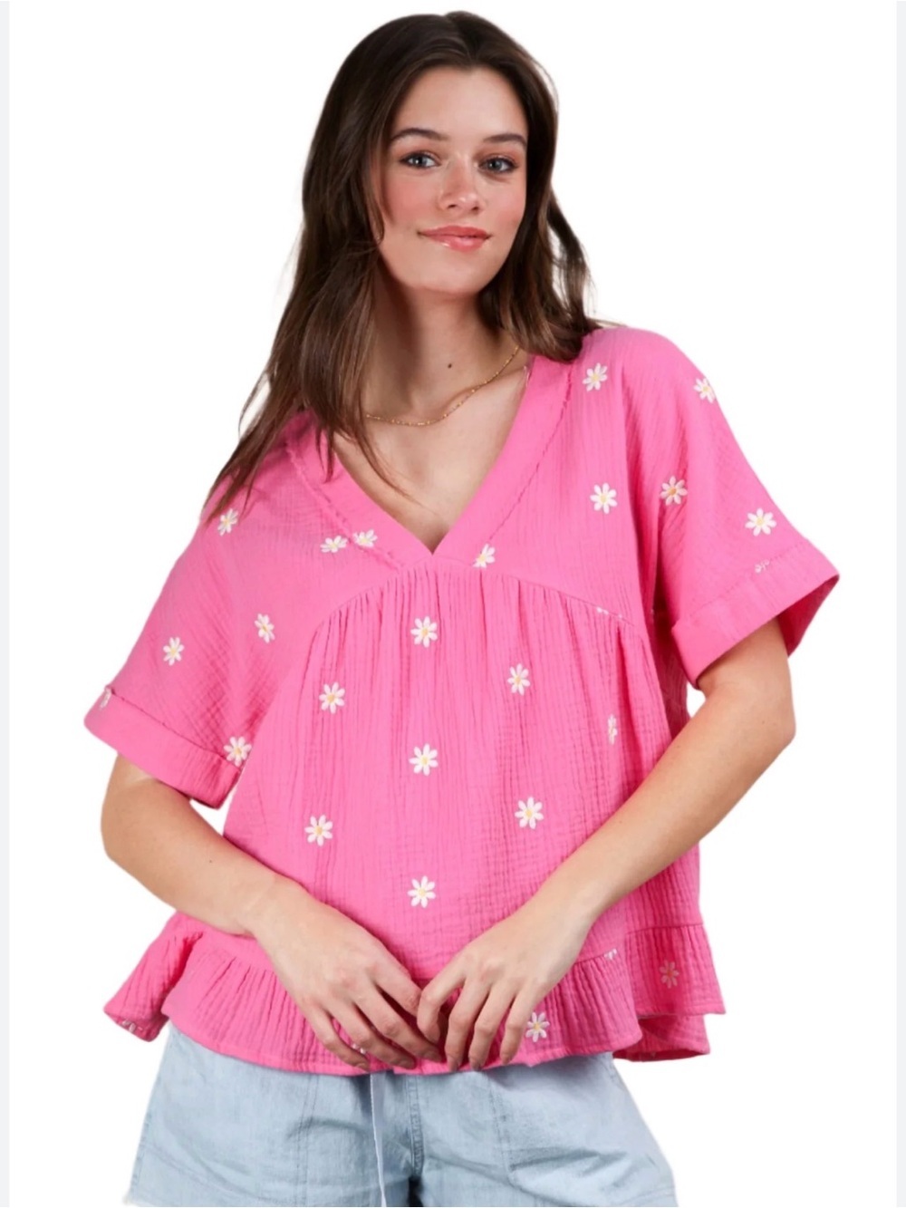 New Mix Bright Pink Daisy Embroidered V-Neck Tunic